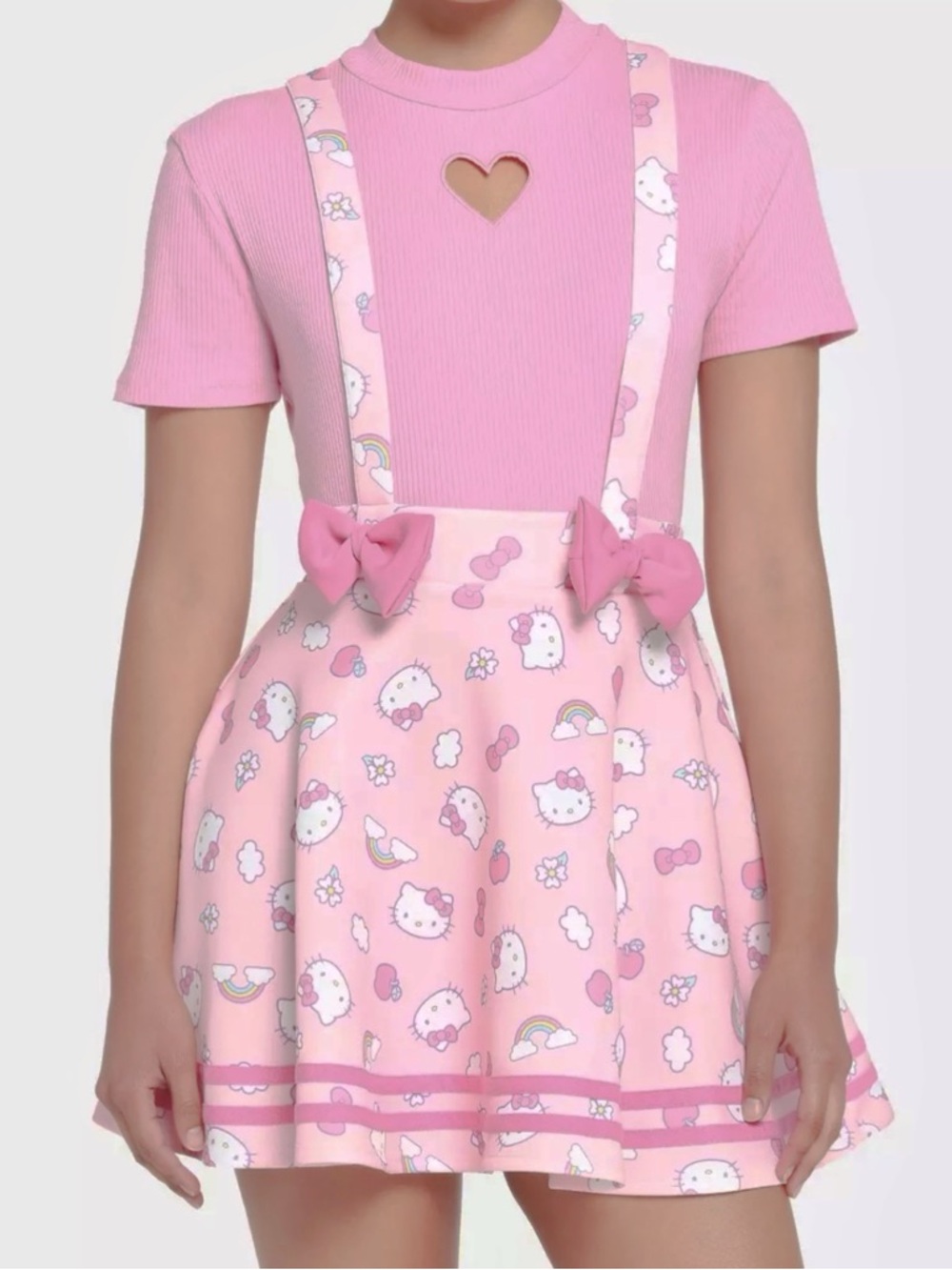 Hot Topic Hello Kitty pink bow suspender skirt M Sanrio rainbows & apples kawaii